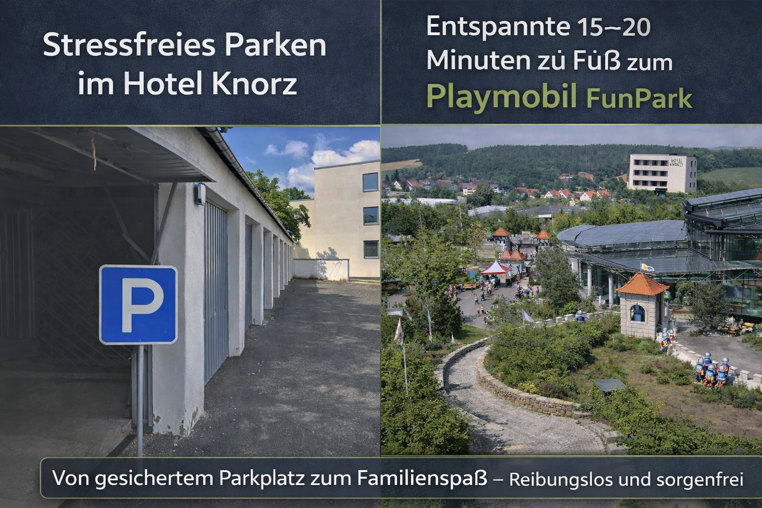 Blick auf die sicheren, abschließbaren Einzelgaragen und den Parkplatz im Innenhof des Hotel Knorz in Zirndorf, ideal für Gäste des Playmobil FunParks.